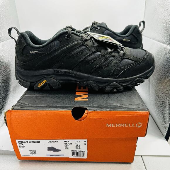 Size 10.5 - Merrell Men's Moab 3 Smooth GTX WP Shoes Goretex Vibram Black - Picture 1 of 9